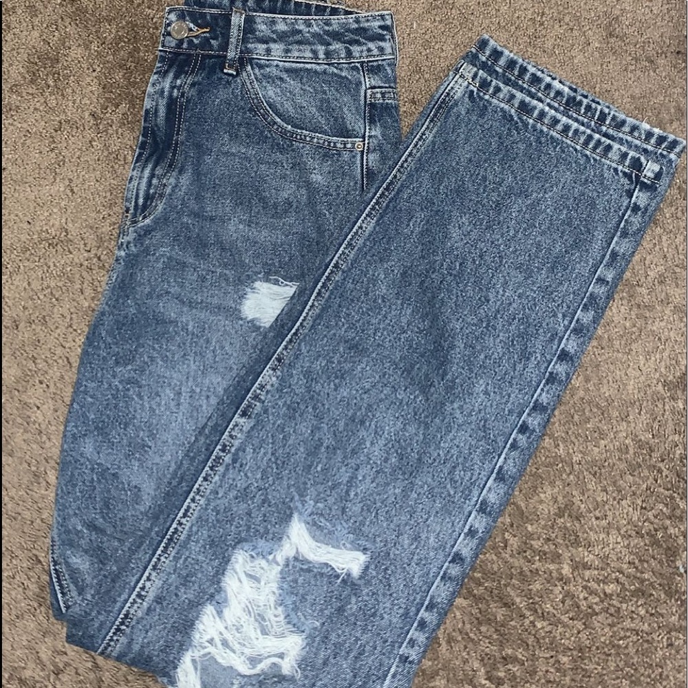 medium wash straight leg distressed jeans
